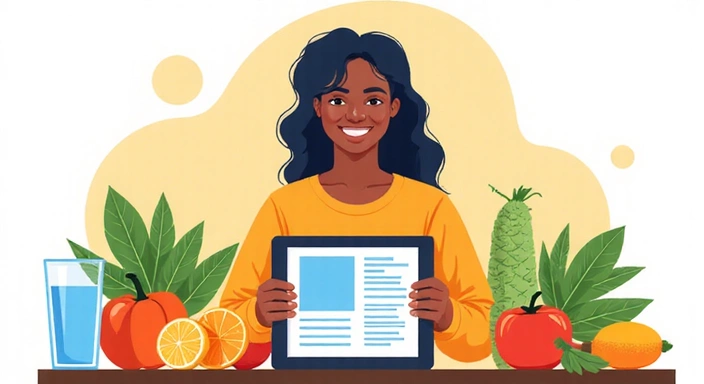 Ilustración de una persona leyendo un blog sobre nutrición con elementos saludables como frutas y verduras.