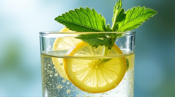 Imagen de un vaso de agua fresca con rodajas de limón y menta, simbolizando la importancia de la hidratación.