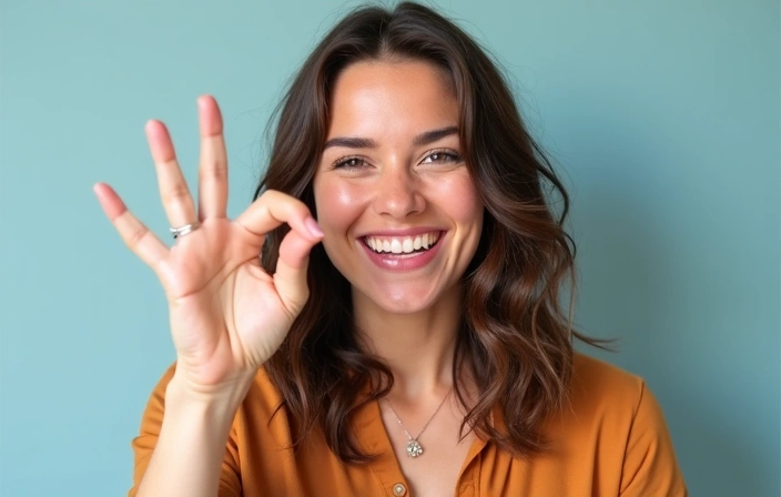 Mujer sonriendo y haciendo un gesto de ok, símbolo de éxito en la consulta nutricional