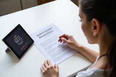 Mujer revisando un plan de alimentación personalizado en papel y en su tablet