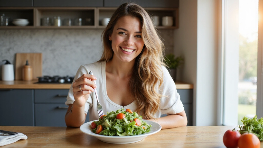 Mujer sonriendo mientras come una ensalada saludable, simbolizando bienestar y nutrición