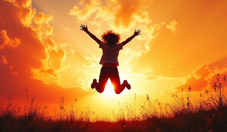 Persona saltando de alegría con un fondo vibrante, simbolizando energía y transformación