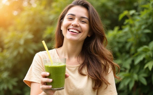 Mujer joven y feliz con una batido saludable