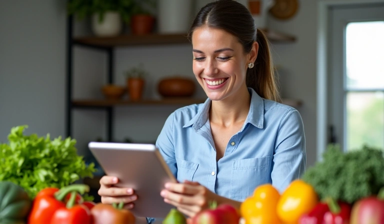 Mujer sonriendo mientras revisa un plan nutricional en una tablet