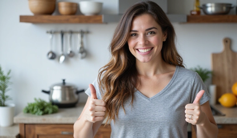 Mujer sonriendo y mostrando un pulgar hacia arriba después de lograr sus metas de bienestar.
